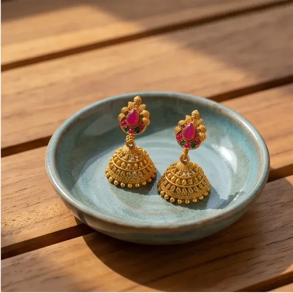 Antique_Gold_Peacock_Feather_Jhumka_Earrings_With_Green_Ruby_Stones