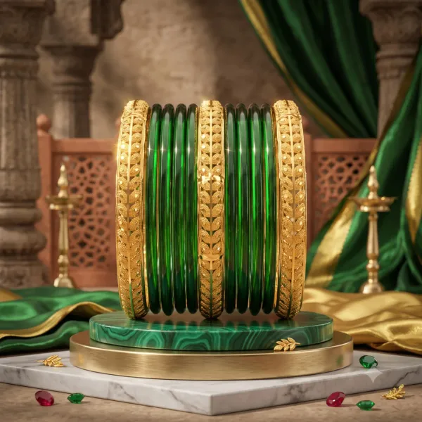 Leaf_Embossed_Gold_Plated_Emerald_Green_Glass_Bangle_Set