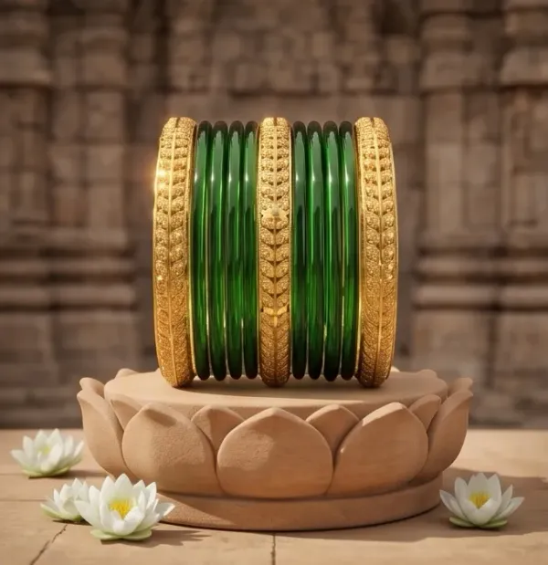 Leaf_Embossed_Gold_Plated_Emerald_Green_Glass_Bangle_Set
