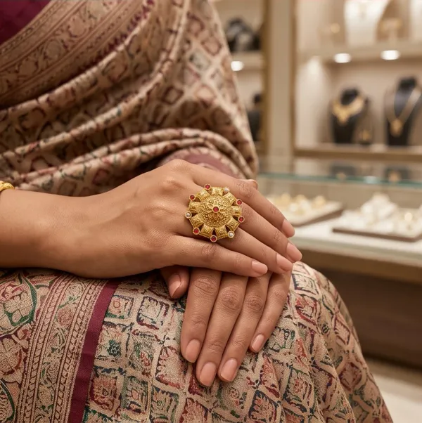 Antique_Gold_Plated_Floral_Statement_Ring_With_Red_White_Stones