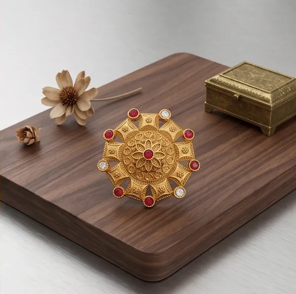 Antique_Gold_Plated_Floral_Statement_Ring_With_Red_White_Stones