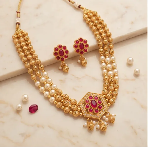 Royal_Hexagonal_Ruby_Floral_Pendant_3_Strand_Gold_Pearl_Necklace_Set