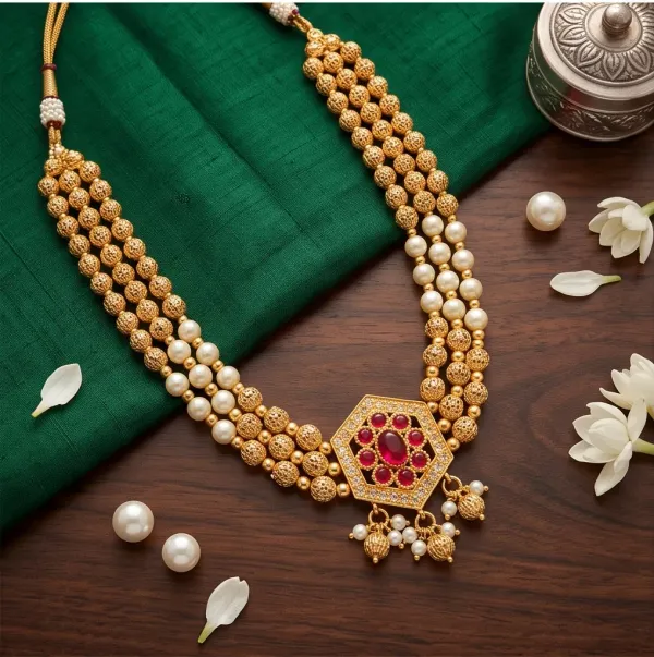 Royal_Hexagonal_Ruby_Floral_Pendant_3_Strand_Gold_Pearl_Necklace_Set