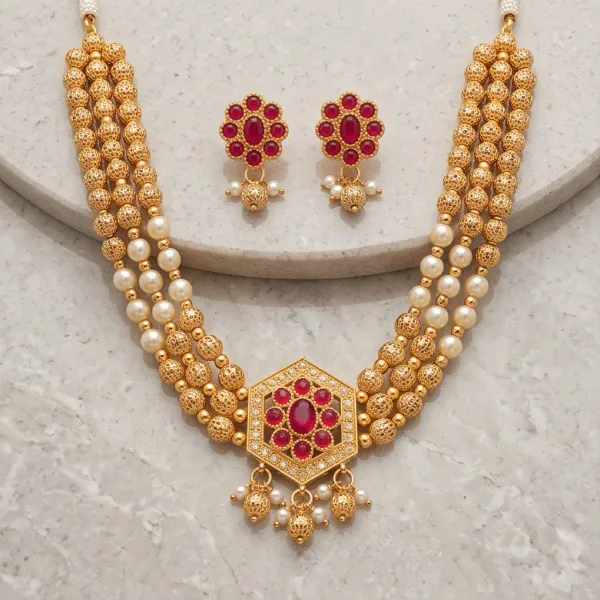 Royal_Hexagonal_Ruby_Floral_Pendant_3_Strand_Gold_Pearl_Necklace_Set
