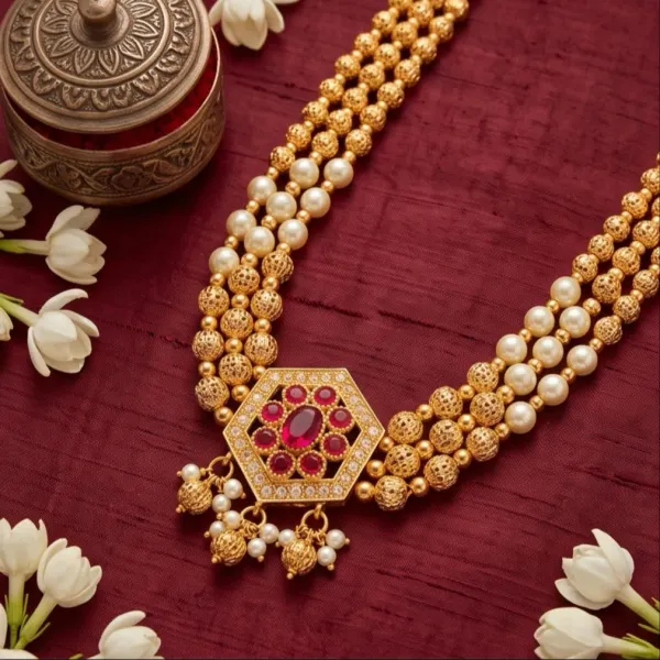 Royal_Hexagonal_Ruby_Floral_Pendant_3_Strand_Gold_Pearl_Necklace_Set