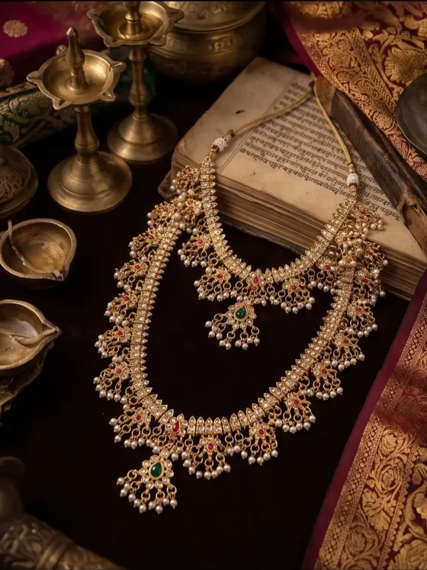 Royal_Antique_Gold_Dual_Layer_Temple_Necklace_Set_With_Pearls_Gemstones