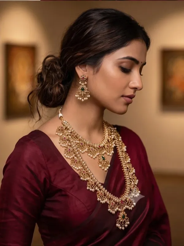 Royal_Antique_Gold_Dual_Layer_Temple_Necklace_Set_With_Pearls_Gemstones