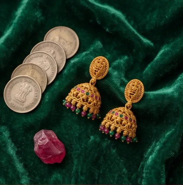 Antique_Gold_Goddess_Lakshmi_Temple_Jhumka_Earrings_With_Ruby_Emerald_Stones