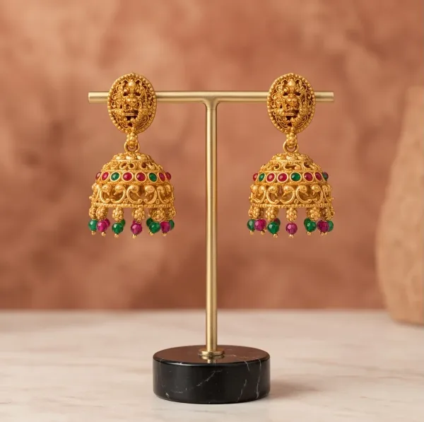Antique_Gold_Goddess_Lakshmi_Temple_Jhumka_Earrings_With_Ruby_Emerald_Stones