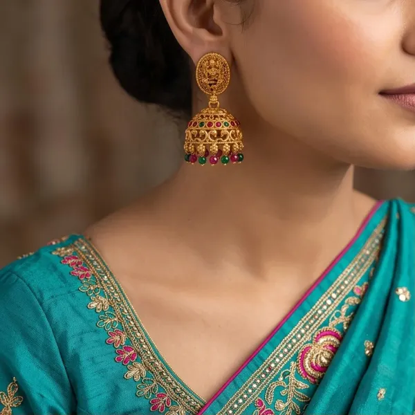 Antique_Gold_Goddess_Lakshmi_Temple_Jhumka_Earrings_With_Ruby_Emerald_Stones