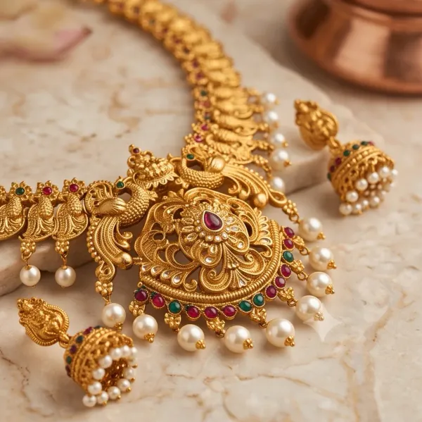 Antique_Gold_Temple_Jewelry_Set_With_Ruby_Emerald_Stones_Jhumkas