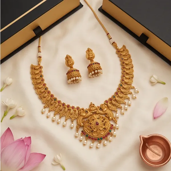 Antique_Gold_Temple_Jewelry_Set_With_Ruby_Emerald_Stones_Jhumkas