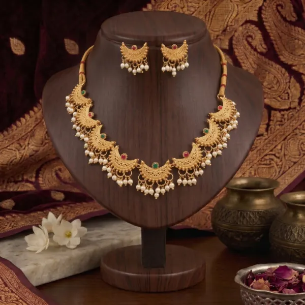 Traditional_Gold_Plated_Crescent_Pearl_Choker_Necklace_Set_With_Matching_Jhumkas