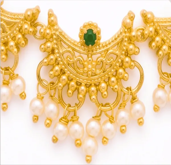 Traditional_Gold_Plated_Crescent_Pearl_Choker_Necklace_Set_With_Matching_Jhumkas