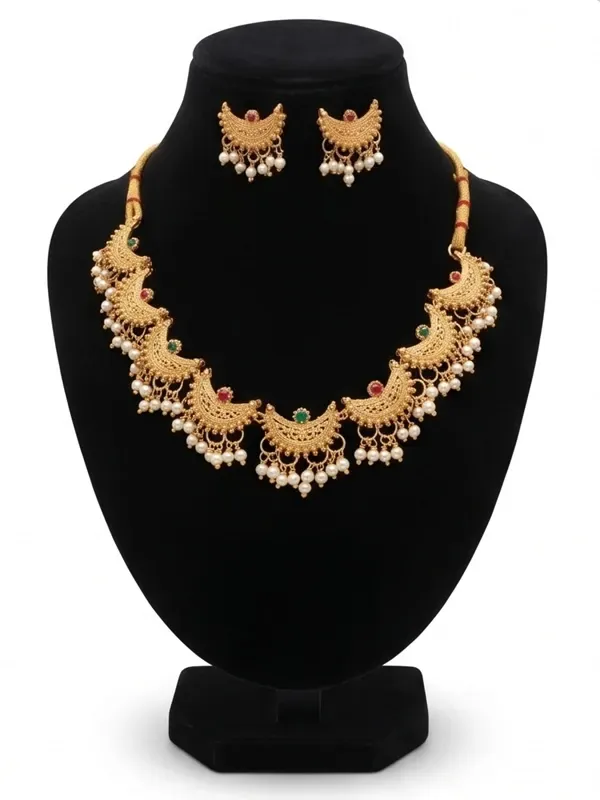 Traditional_Gold_Plated_Crescent_Pearl_Choker_Necklace_Set_With_Matching_Jhumkas
