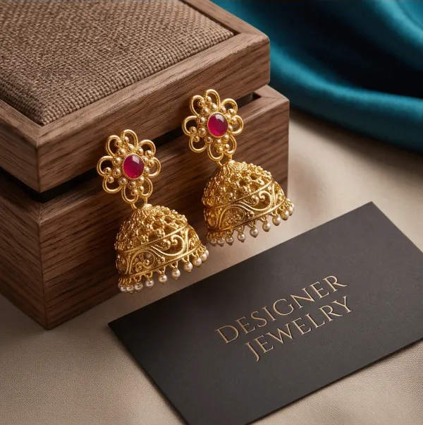 Antique_Gold_Openwork_Filigree_Jhumkas_With_Ruby_Stone_Pearl_Fringe