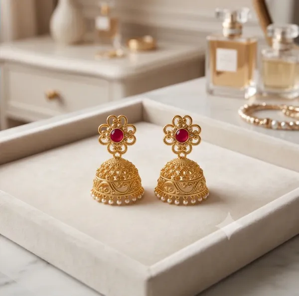 Antique_Gold_Openwork_Filigree_Jhumkas_With_Ruby_Stone_Pearl_Fringe