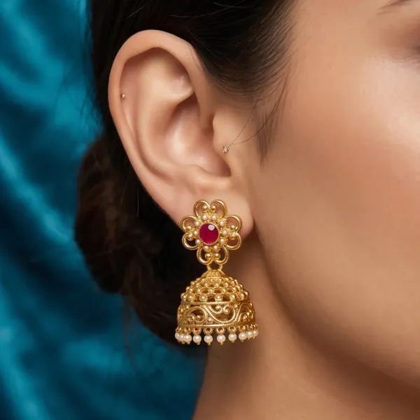 Antique_Gold_Openwork_Filigree_Jhumkas_With_Ruby_Stone_Pearl_Fringe