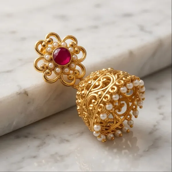 Antique_Gold_Openwork_Filigree_Jhumkas_With_Ruby_Stone_Pearl_Fringe