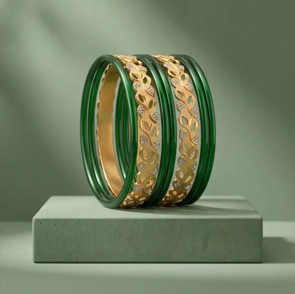 Two_Tone_Leaf_Carved_Gold_Plated_Emerald_Green_Glass_Bangle_Set