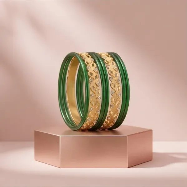 Two_Tone_Leaf_Carved_Gold_Plated_Emerald_Green_Glass_Bangle_Set