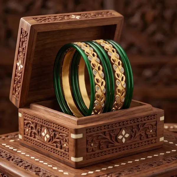Two_Tone_Leaf_Carved_Gold_Plated_Emerald_Green_Glass_Bangle_Set