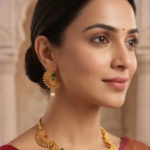 Gold_Plated_Traditional_Scalloped_Choker_Necklace_Set_With_Ruby_Emerald_Stones