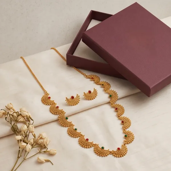 Gold_Plated_Traditional_Scalloped_Choker_Necklace_Set_With_Ruby_Emerald_Stones