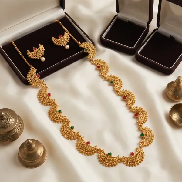 Gold_Plated_Traditional_Scalloped_Choker_Necklace_Set_With_Ruby_Emerald_Stones