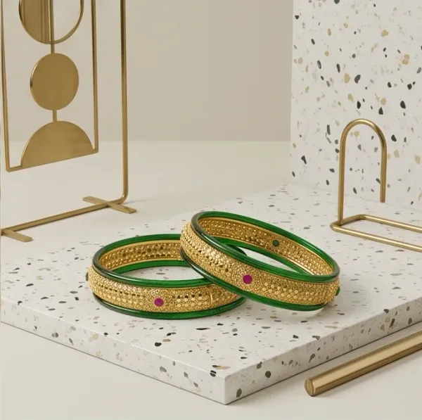 Traditional_Green_Glass_Gold_Plated_Designer_Bangle_Set