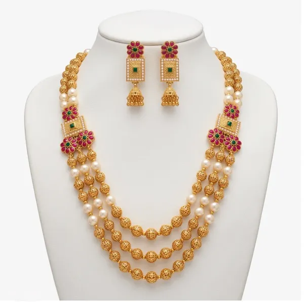Gold-Plated_Cream_Pearl_Ruby_Emerald_Multi-Layer_Rani_Haar_Set_For_Women