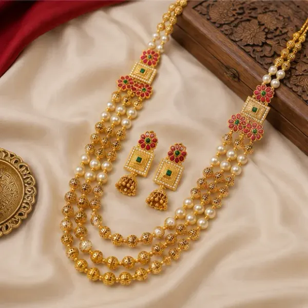Gold-Plated_Cream_Pearl_Ruby_Emerald_Multi-Layer_Rani_Haar_Set_For_Women