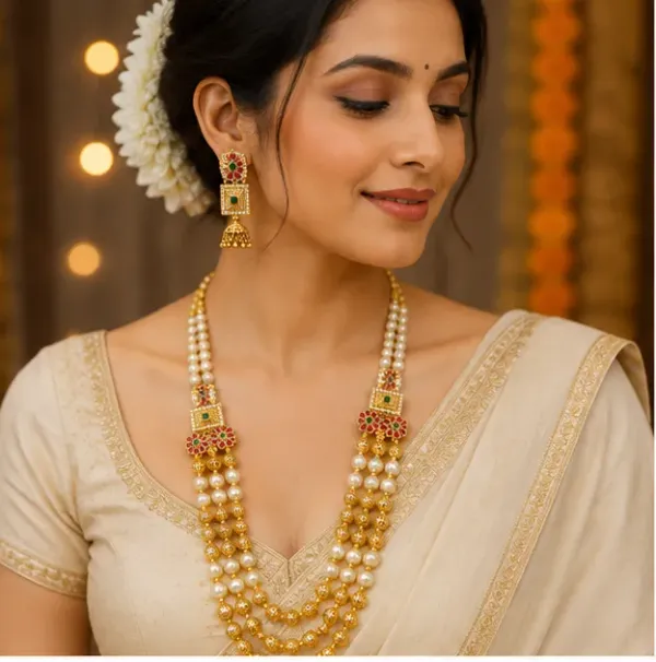 Gold-Plated_Cream_Pearl_Ruby_Emerald_Multi-Layer_Rani_Haar_Set_For_Women