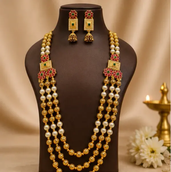 Gold-Plated_Cream_Pearl_Ruby_Emerald_Multi-Layer_Rani_Haar_Set_For_Women