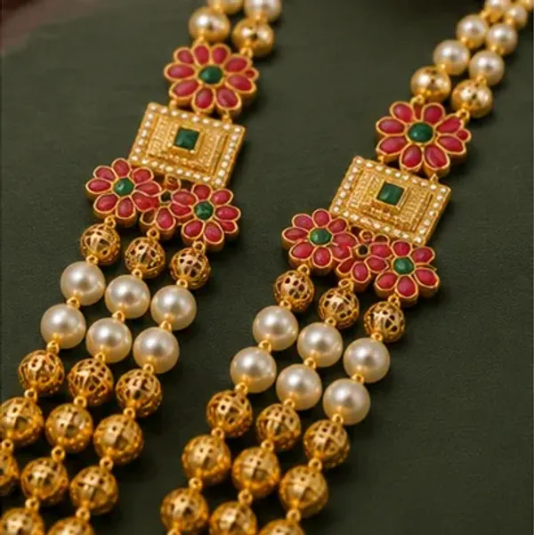 Gold-Plated_Cream_Pearl_Ruby_Emerald_Multi-Layer_Rani_Haar_Set_For_Women