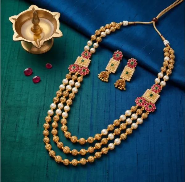 Gold-Plated_Cream_Pearl_Ruby_Emerald_Multi-Layer_Rani_Haar_Set_For_Women