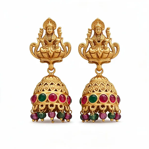 Antique_Gold_Lakshmi_Temple_Jhumka_Earrings_Ruby_Emerald_Bead_Drops