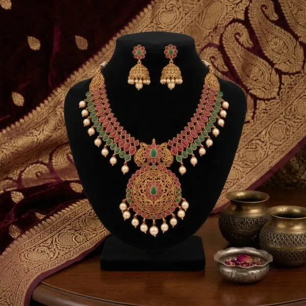 Antique_Gold_Plated_Temple_Jewelry_Set_Traditional_Kemp_Stone_Necklace_With_Matching_Jhumka_Earrings_Pearl_Drops