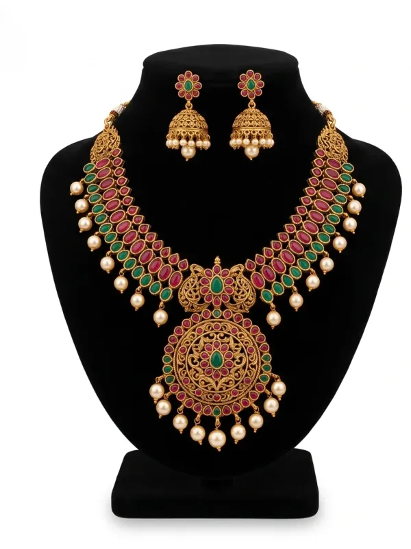 Antique_Gold_Plated_Temple_Jewelry_Set_Traditional_Kemp_Stone_Necklace_With_Matching_Jhumka_Earrings_Pearl_Drops