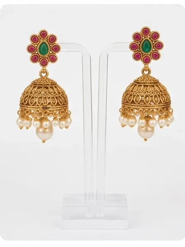 Antique_Gold_Plated_Temple_Jewelry_Set_Traditional_Kemp_Stone_Necklace_With_Matching_Jhumka_Earrings_Pearl_Drops