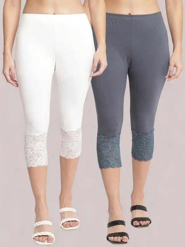 White_&_Grey_Super_Lycra_Lace_Hem_Capri_Pants_For_Women