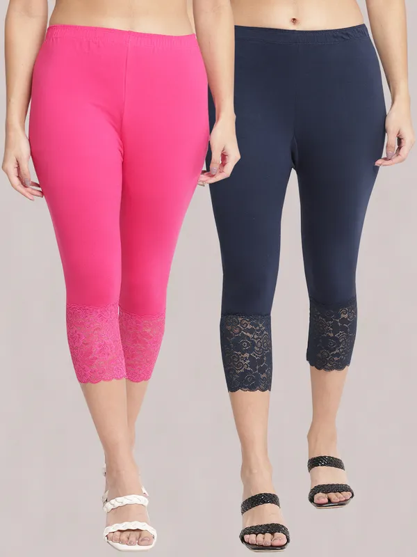 Pink_And_Blue_Super_Lycra_Lace_Hem_Capri_Pants_For_Women