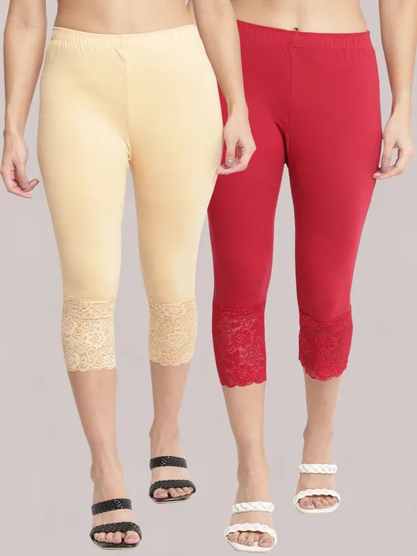 Beige_And_Red_Super_Lycra_Lace_Hem_Capri_Pants_For_Women