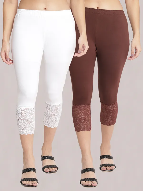 White_&_Brown_Super_Lycra_Lace_Hem_Capri_Pants_For_Women