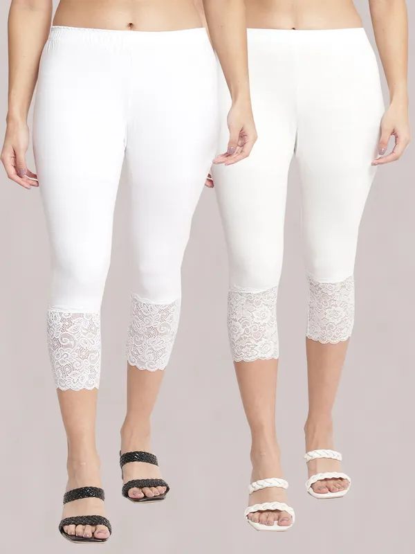 White_Super_Lycra_Lace_Hem_Capri_Pants_For_Women