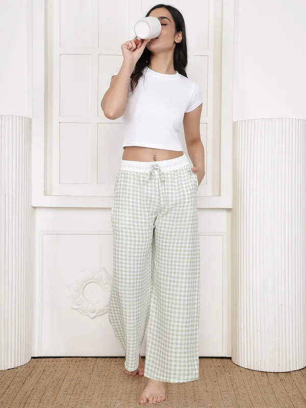 Green_Crush_Check_Wide_Leg_Lounge_Pants_For_Women