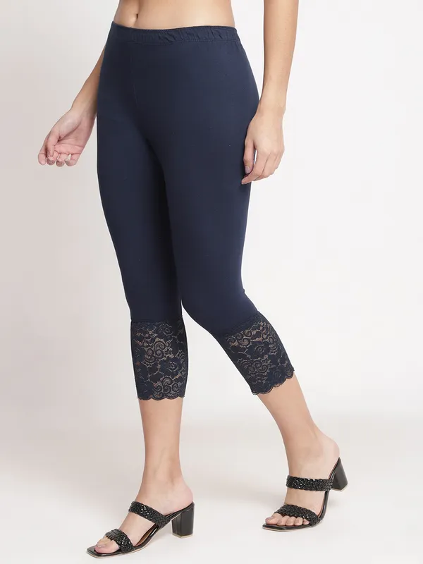 Navy_Super_Lycra_Lace_Trim_Capri_Pants_For_Women