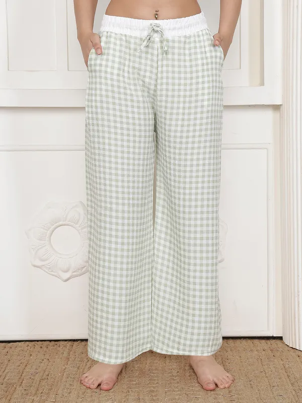 Green_Crush_Check_Wide_Leg_Lounge_Pants_For_Women