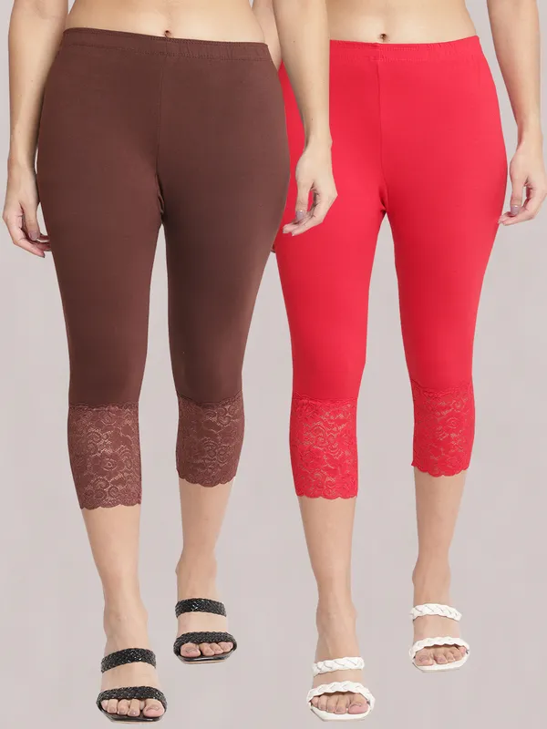 Brown_And_Red_Super_Lycra_Lace_Hem_Capri_Pants_For_Women