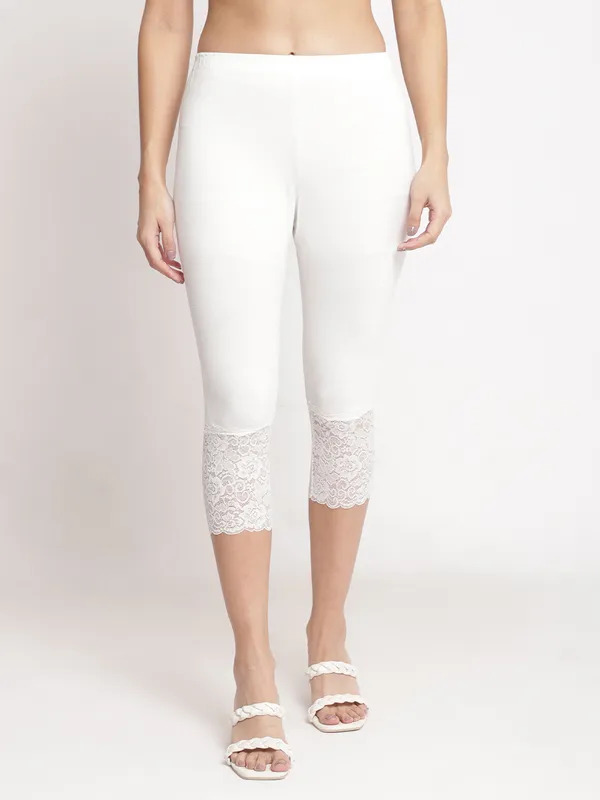 White_Super_Lycra_Lace_Trim_Ankle_Leggings_For_Women